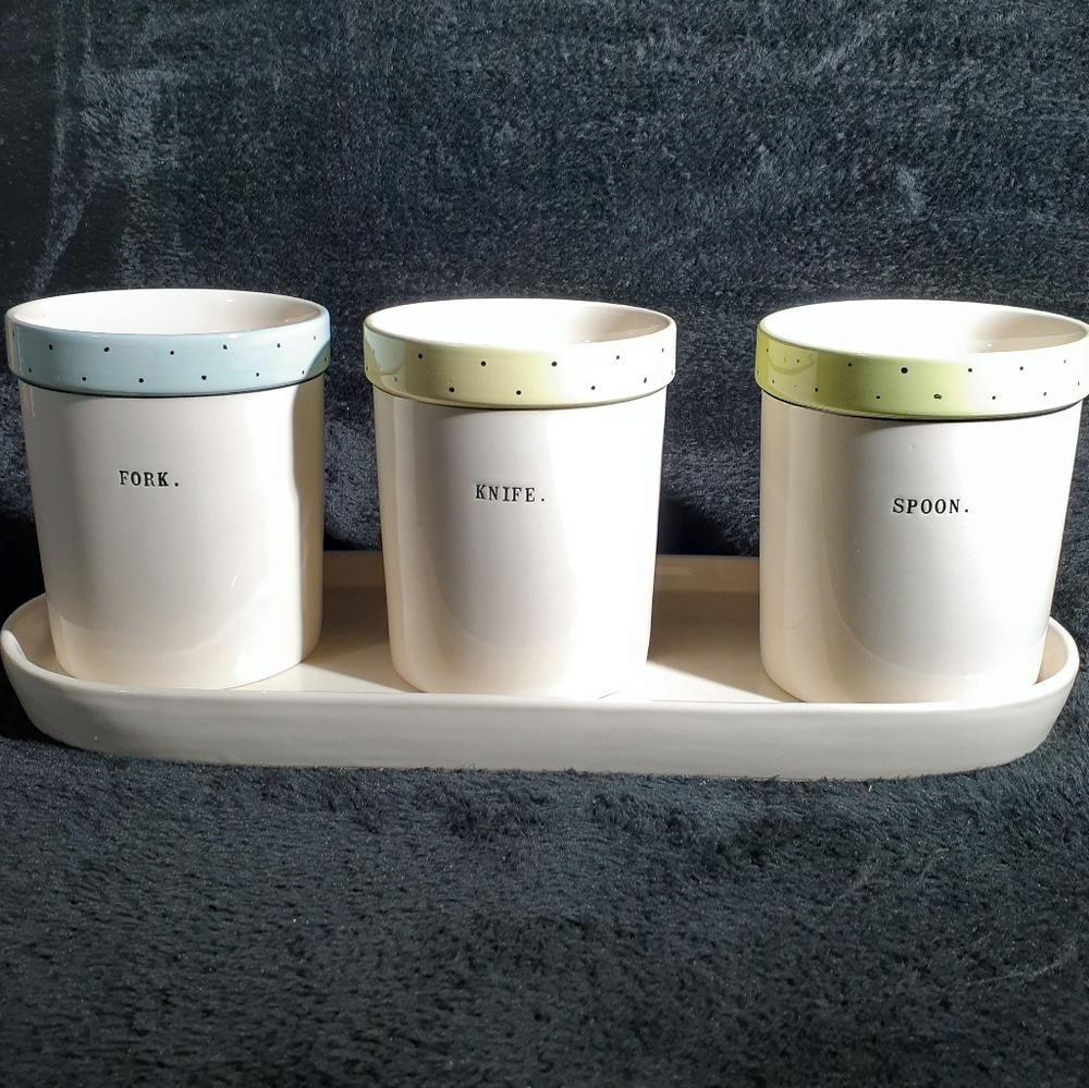 Rae Dunn 4 pc Set - Knife Spoon Fork Canisters on Platter